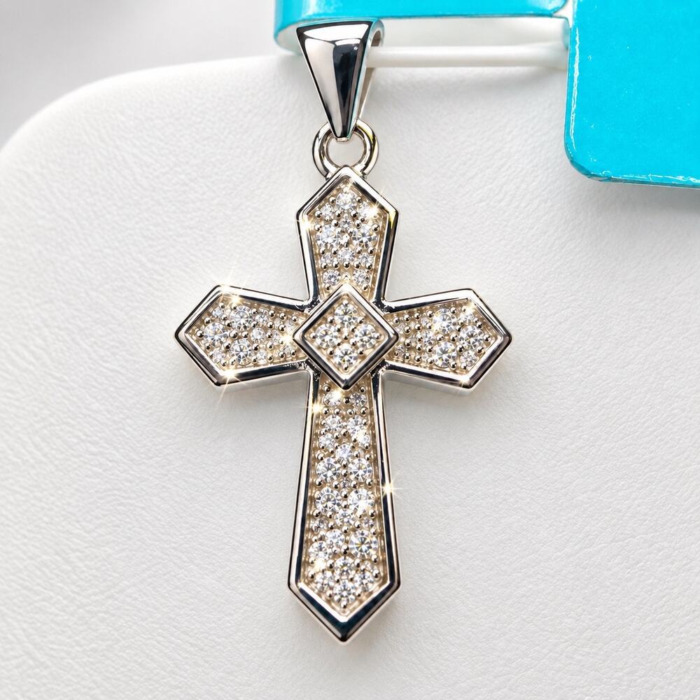 NWT 925 Sterling Silver Moissanite Cross Pendant 0.09 CTW New